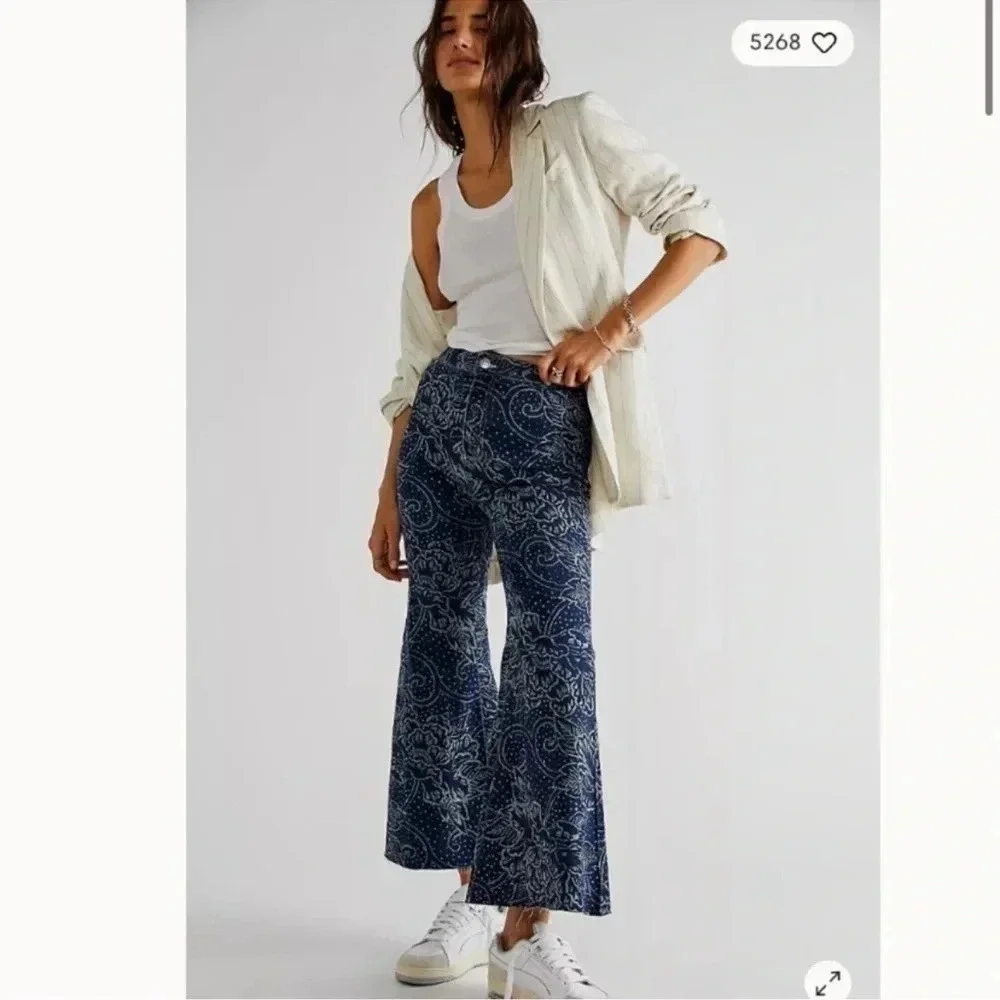 Free People Printed Flare Jeans Blue 28